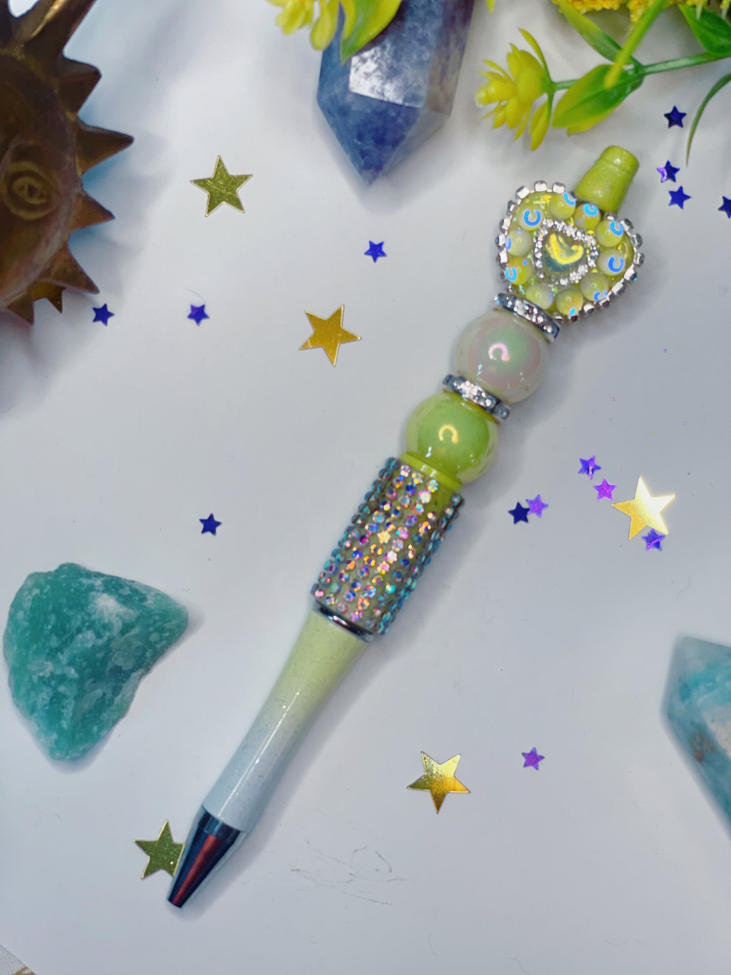 Yellow Rhinestone Heart - Momma's Beaded Pen