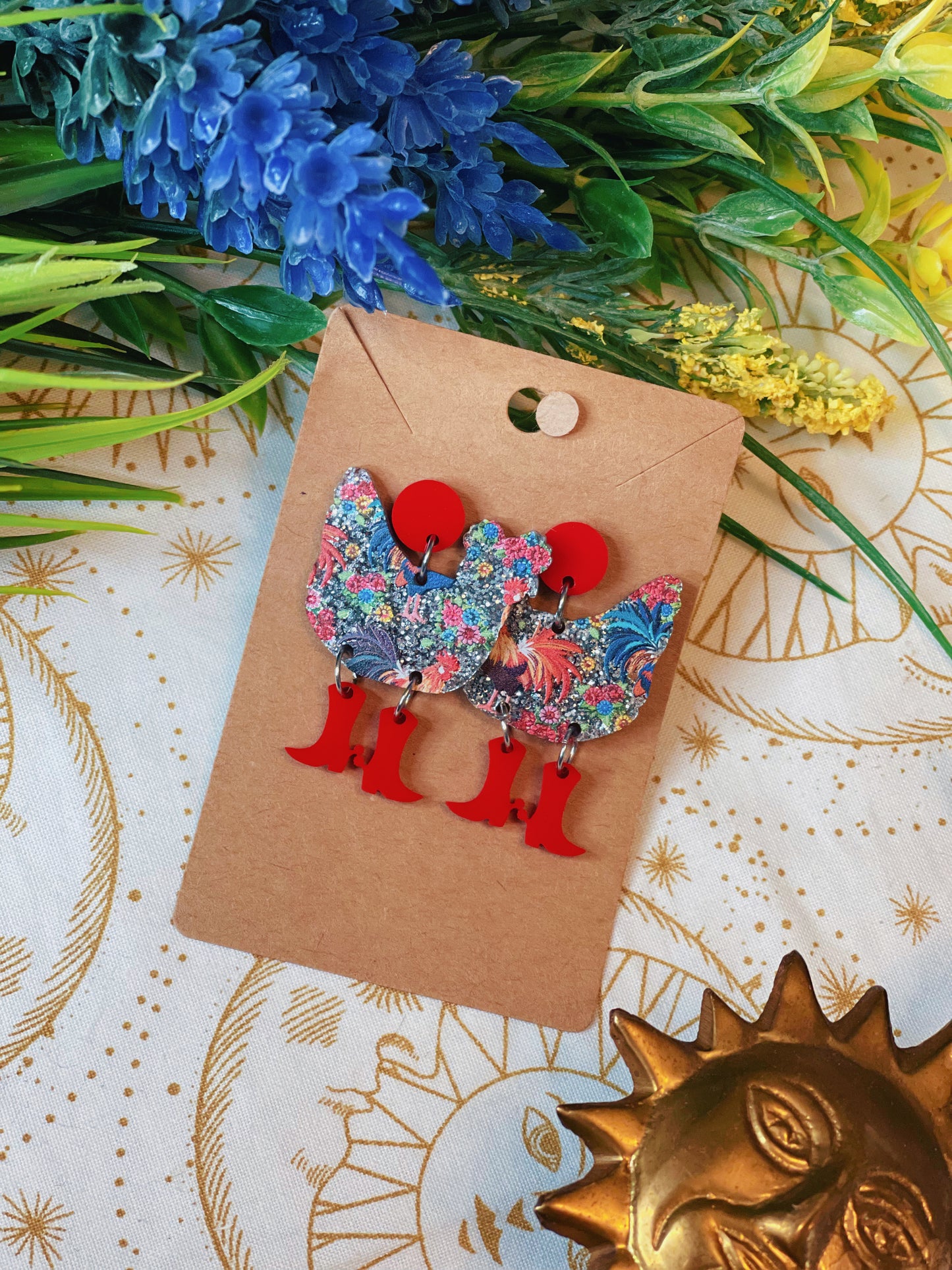 Glitter Chicken with Boots - Dangle Earrings