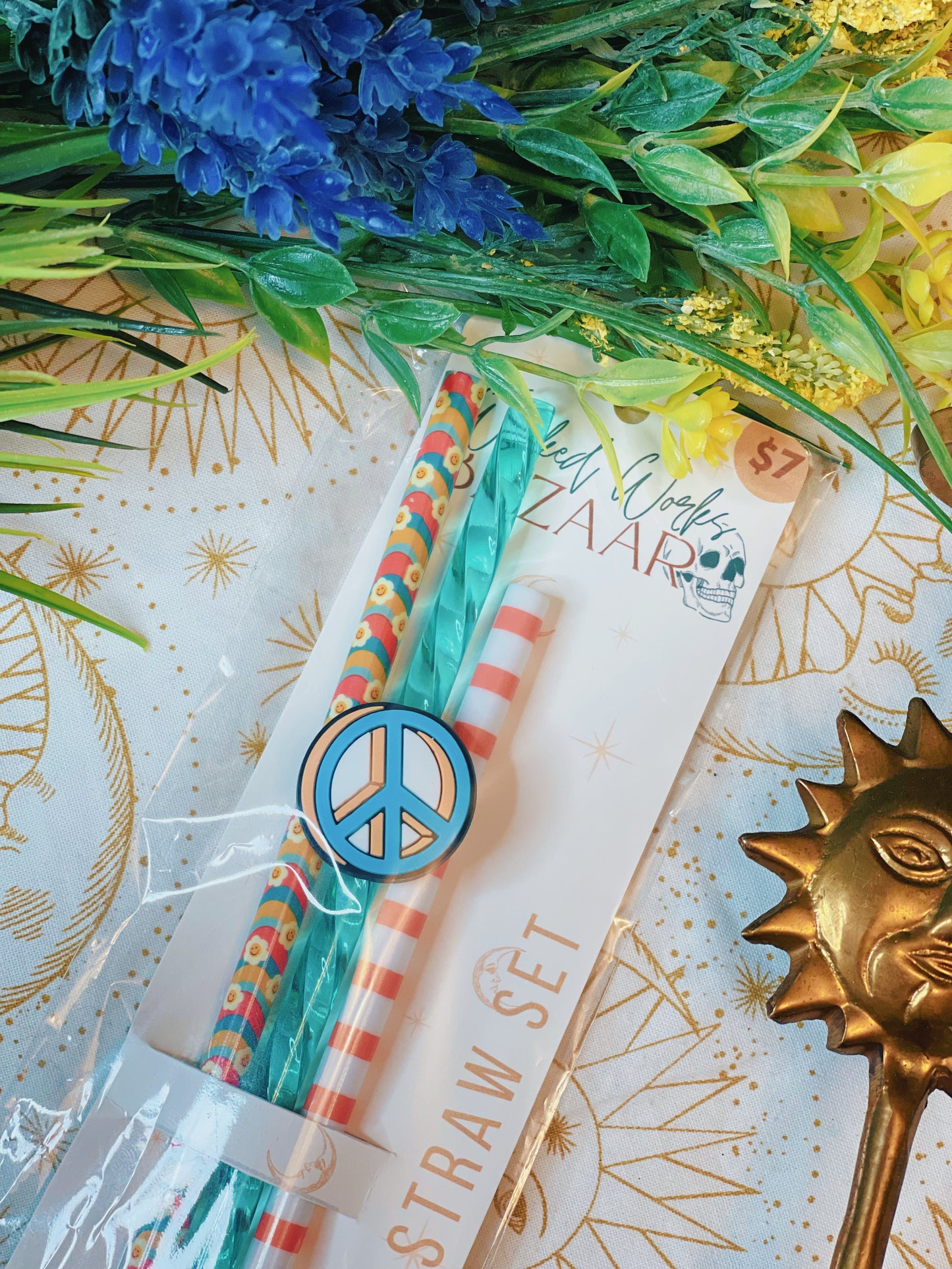 Teal Peace Sign - Straw + Topper Set