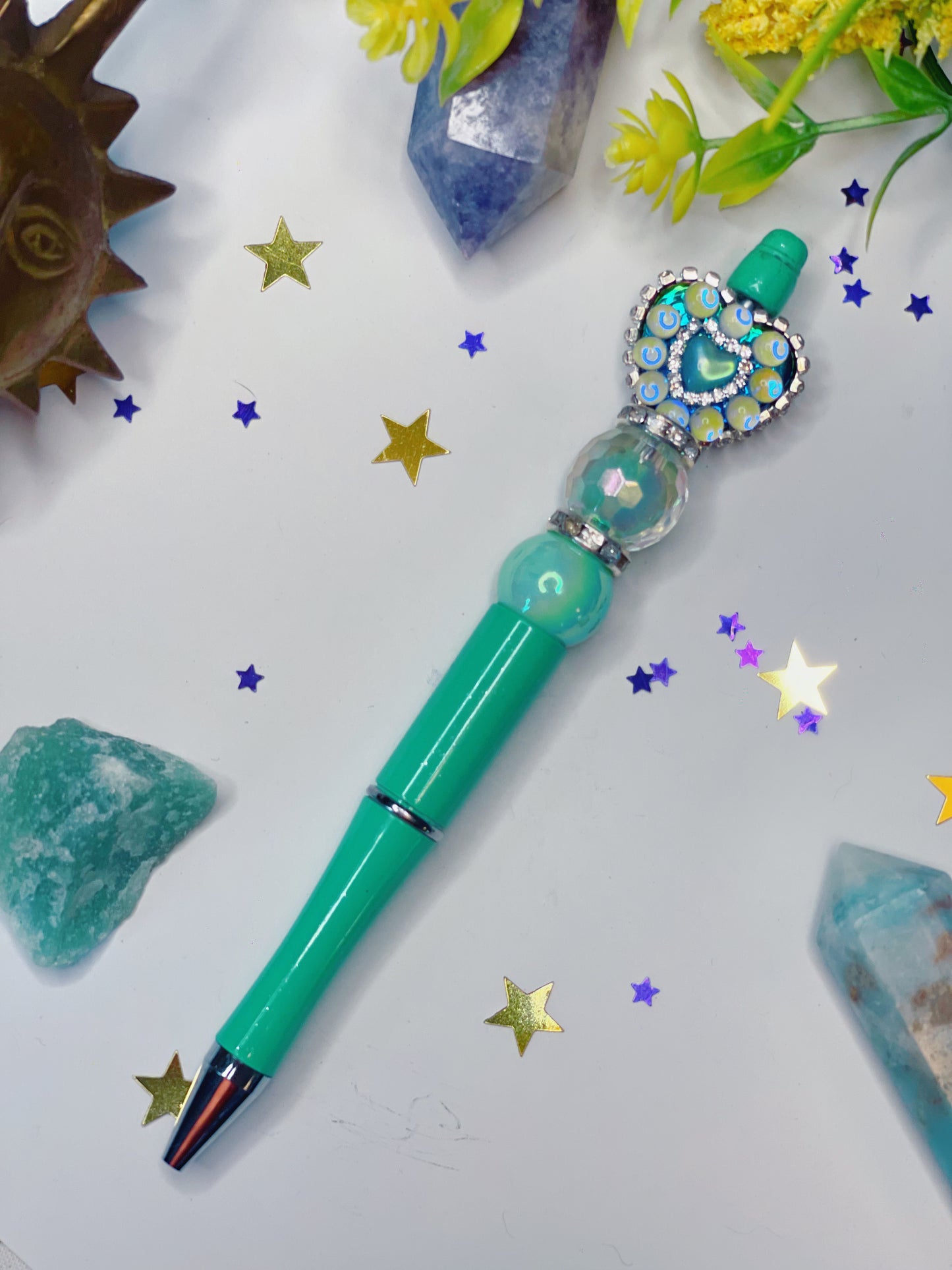 Green Rhinestone Heart - Momma's Beaded Pen