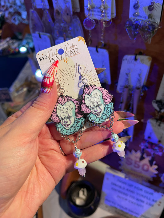 Pink & Teal Clown - Dangle Earrings