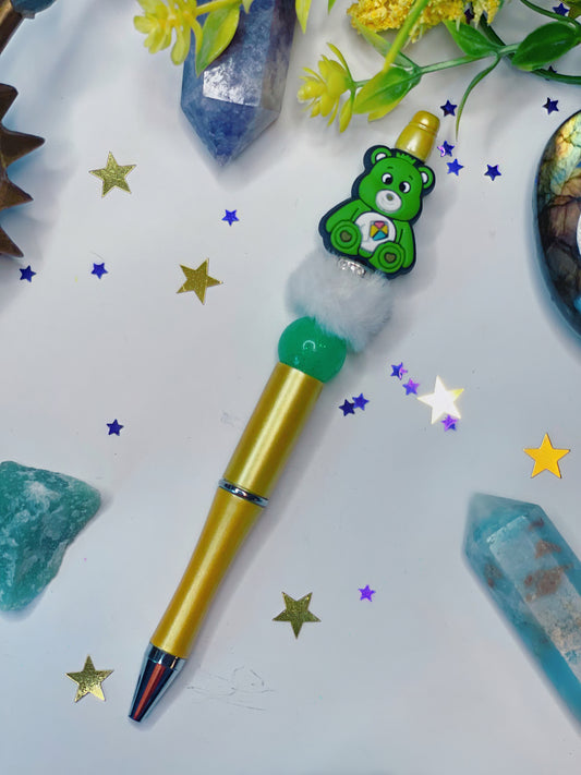 Green Fluff Bear - Momma's Beaded Pen