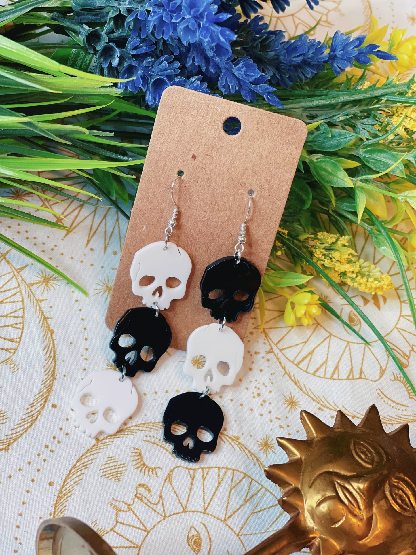 Black and White Triple Skull - Dangle Earrings