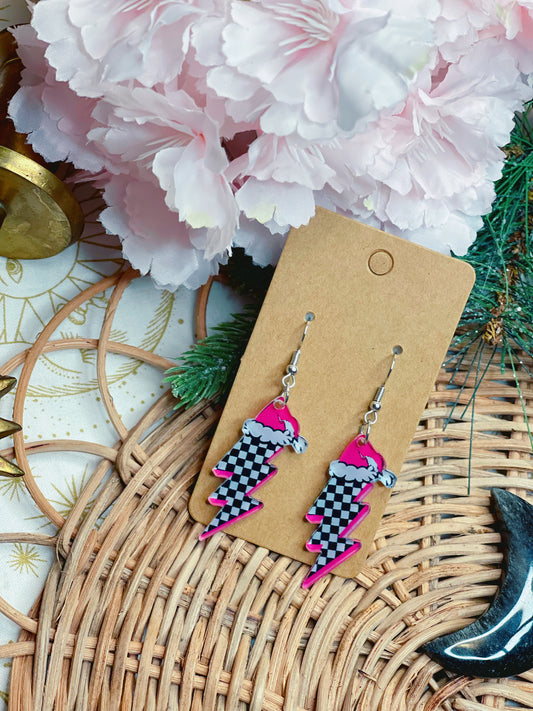 Pink Christmas Lightning Bolt - Dangle Earrings