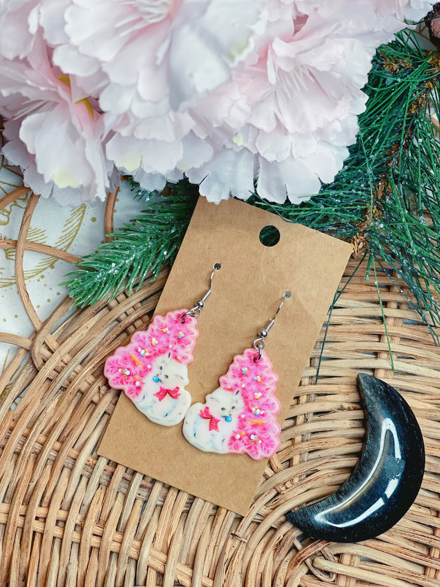 Pink Kitty Christmas - Dangle Earrings