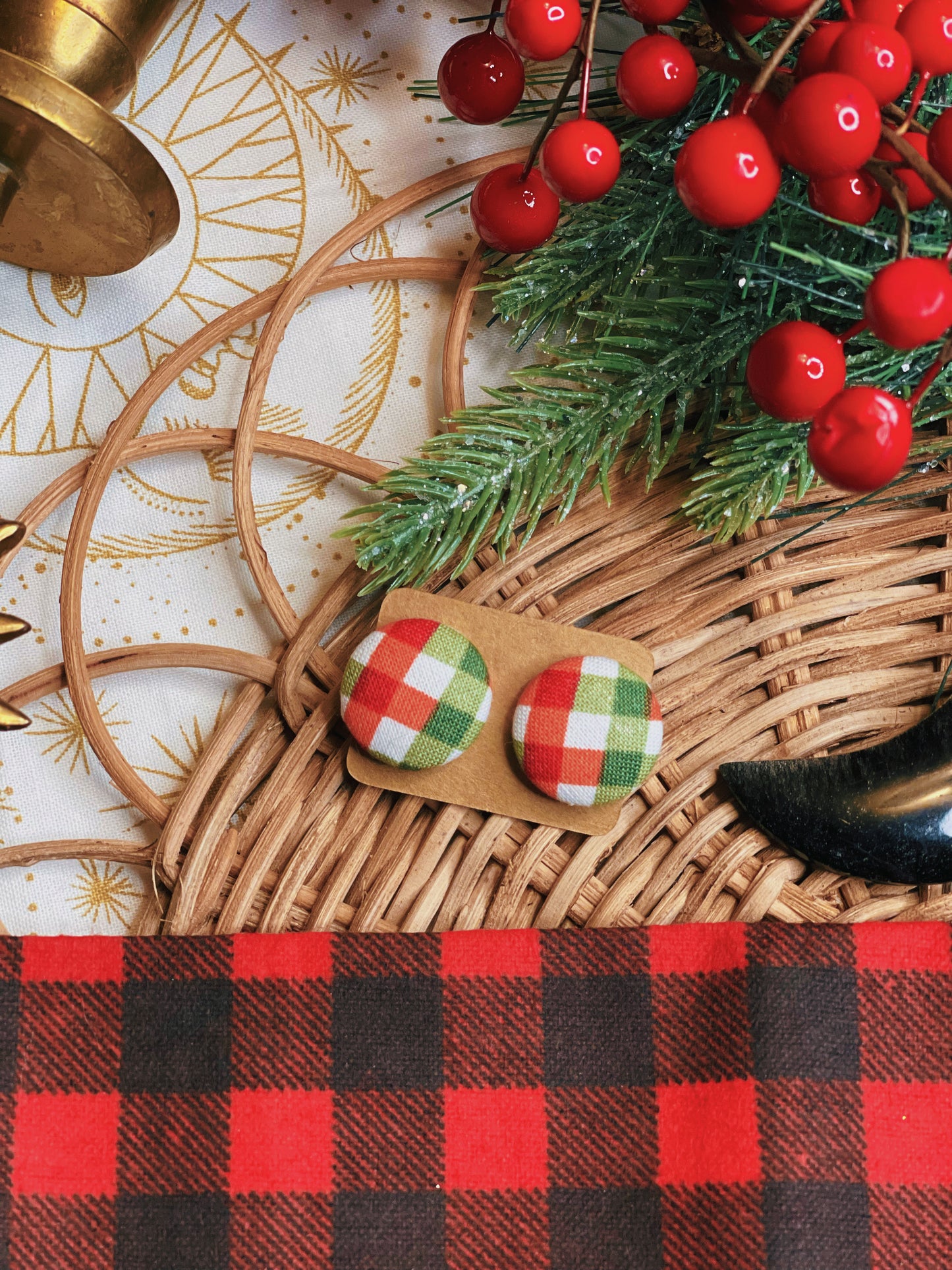 Christmas Plaid - Button Earrings