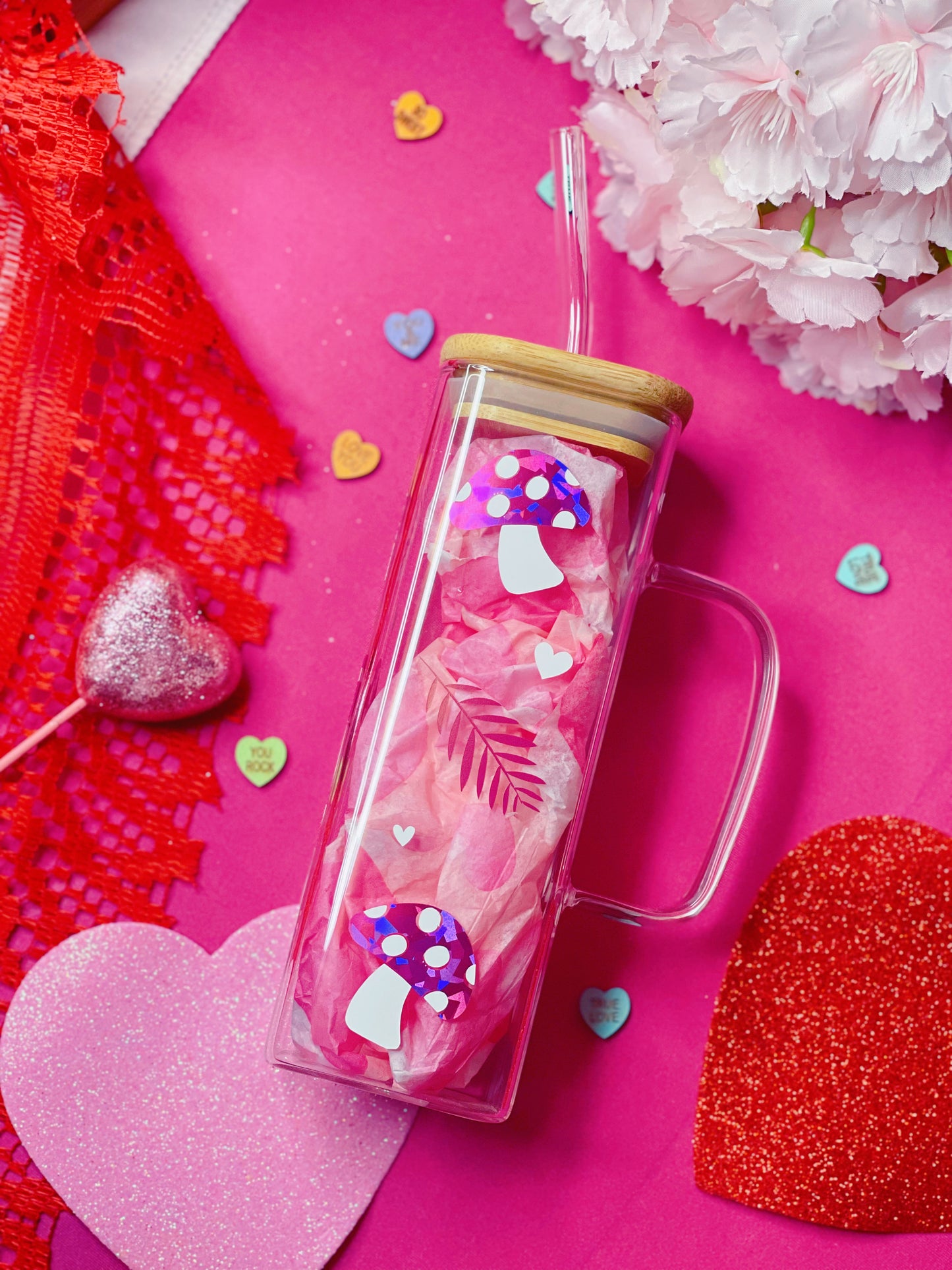 Pink Mushroom - 17 oz Square Glass Cup (PRE-ORDER)