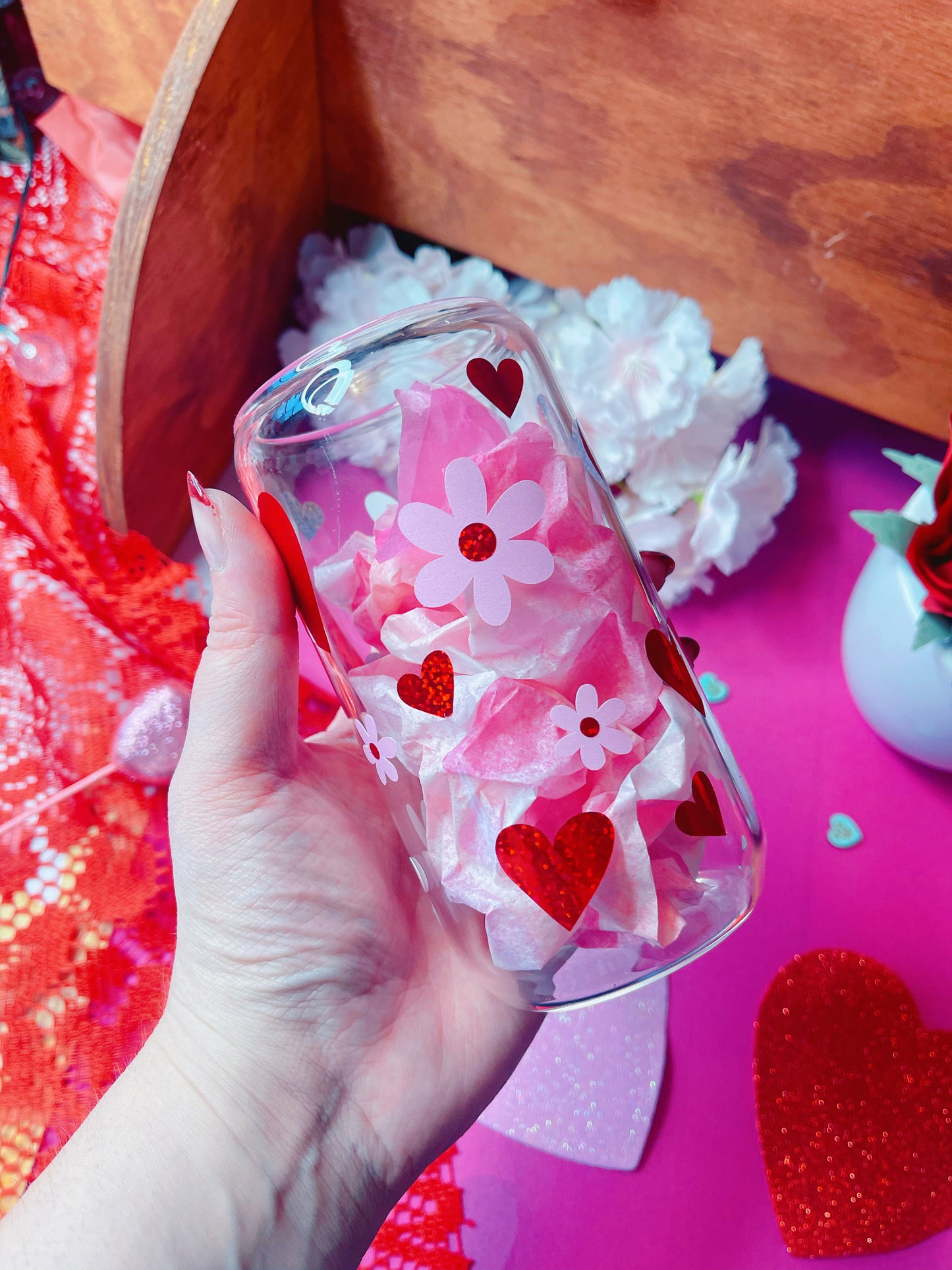 Hearts and Flowers - 16 oz Glass Cup (PRE-ORDER)