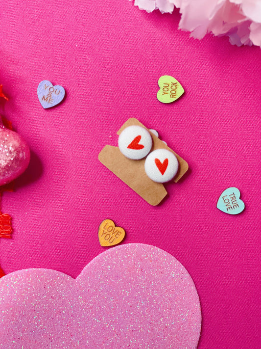 White and Red Heart - Button Clip-On Earrings