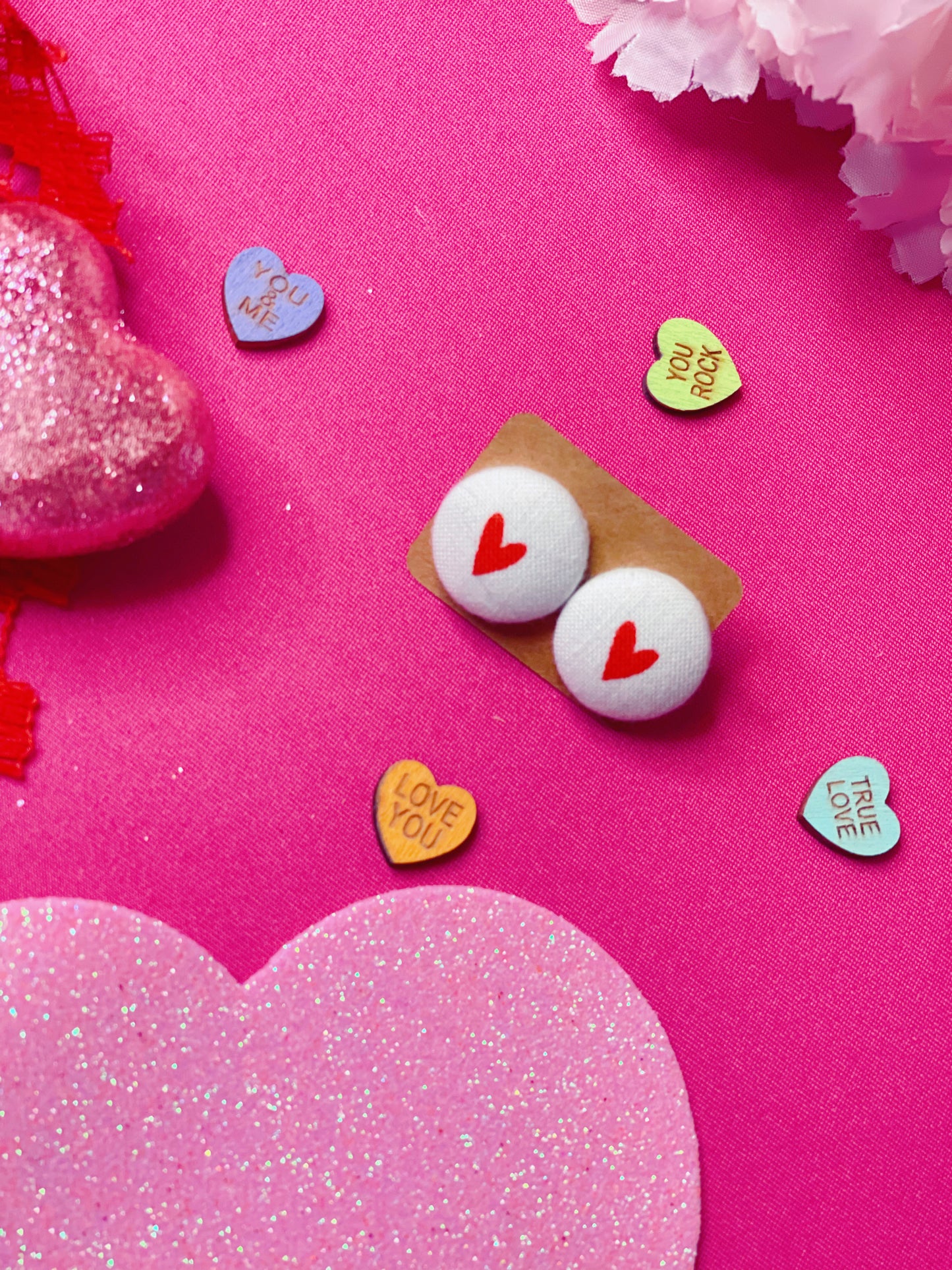 White and Red Heart - Button Earrings