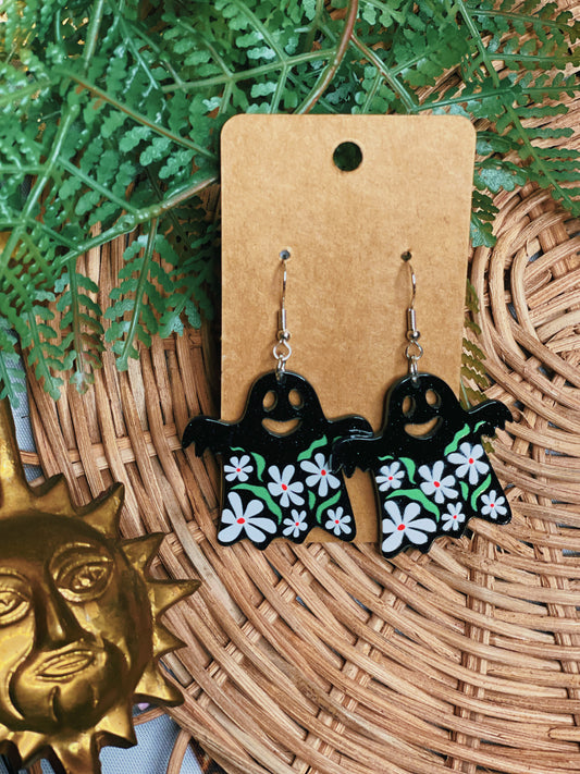 Black Floral Ghost - Dangle Earrings