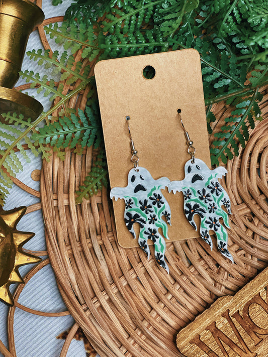 White Floral Ghost - Dangle Earrings