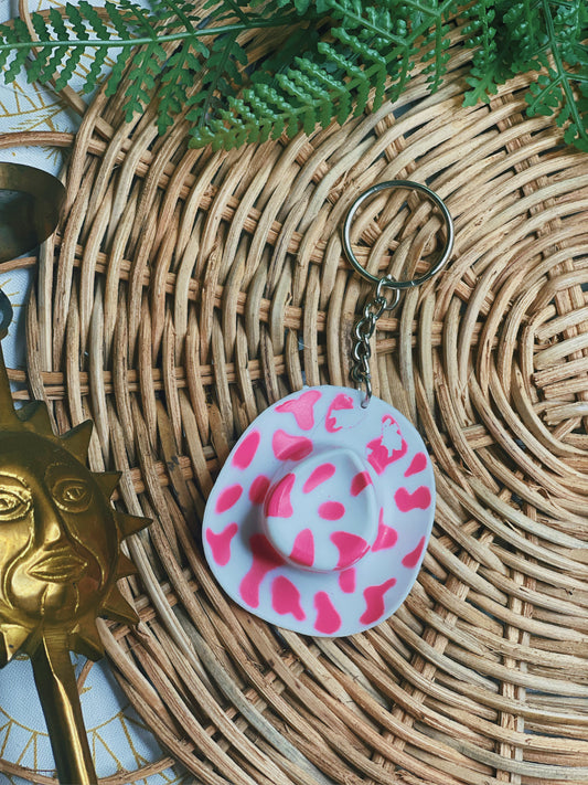 Pink Cowprint Cowboy Hat - Keychain