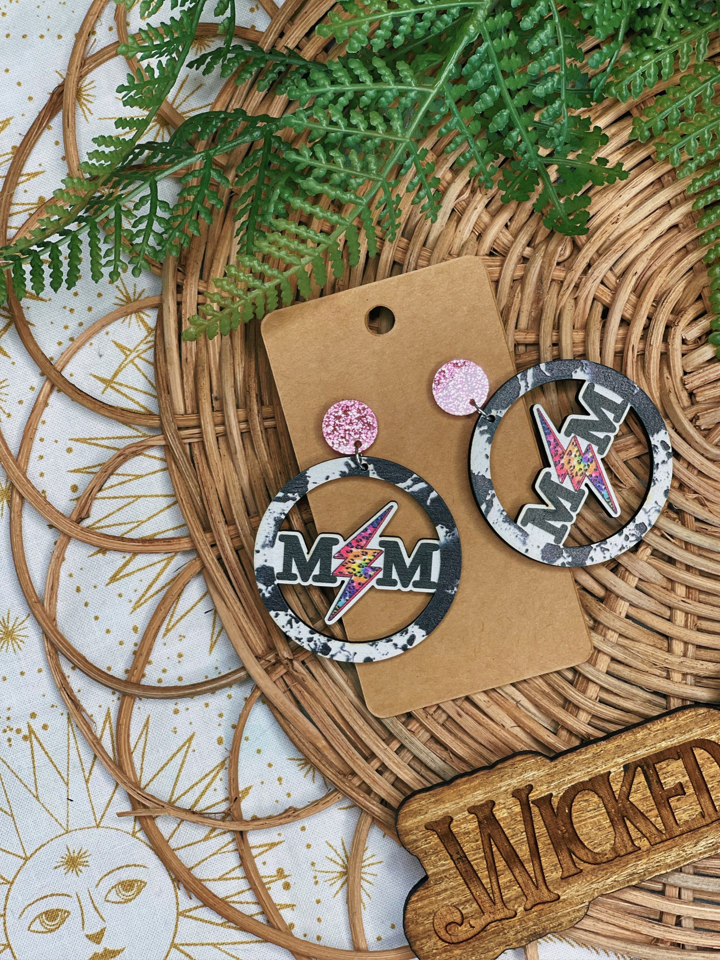 Cow Lightning Bolt Mom - Dangle Earrings