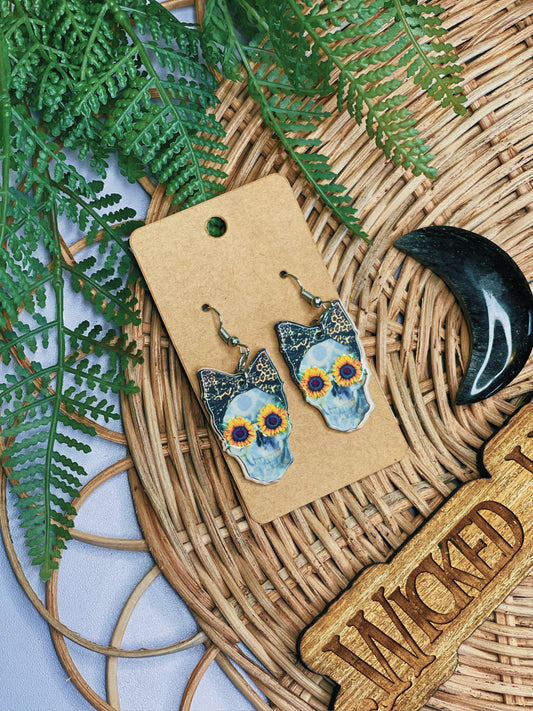 Sunflower Skull - Dangle Earrings