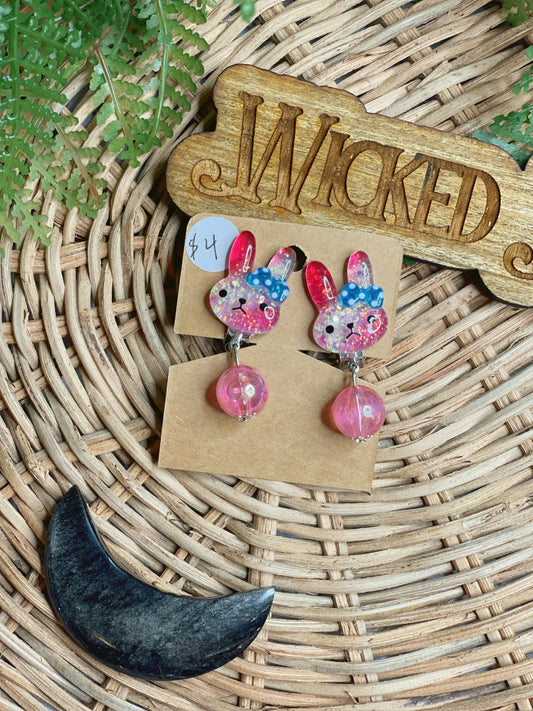 Pink Bow Bunny - Clip On Earrings