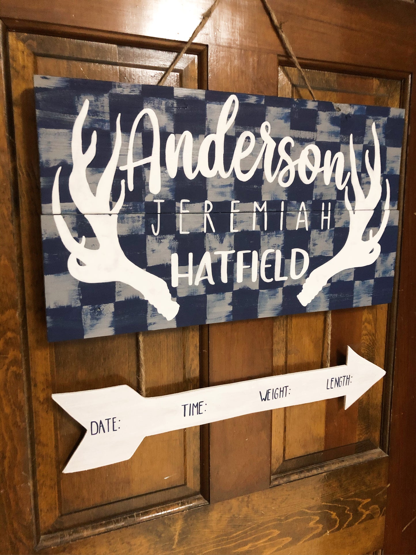 Plaid Antlers - Birth Announcement Hospital Door Hanger (PRE-ORDER)