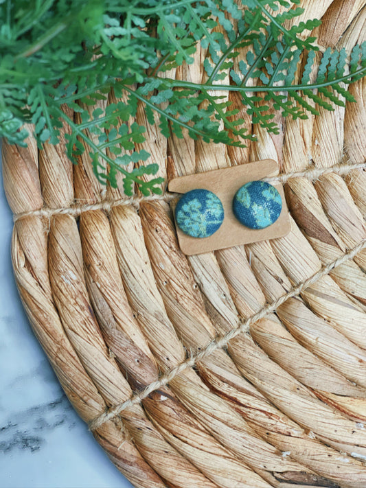 Green Floral Clip Ons - Button Earrings