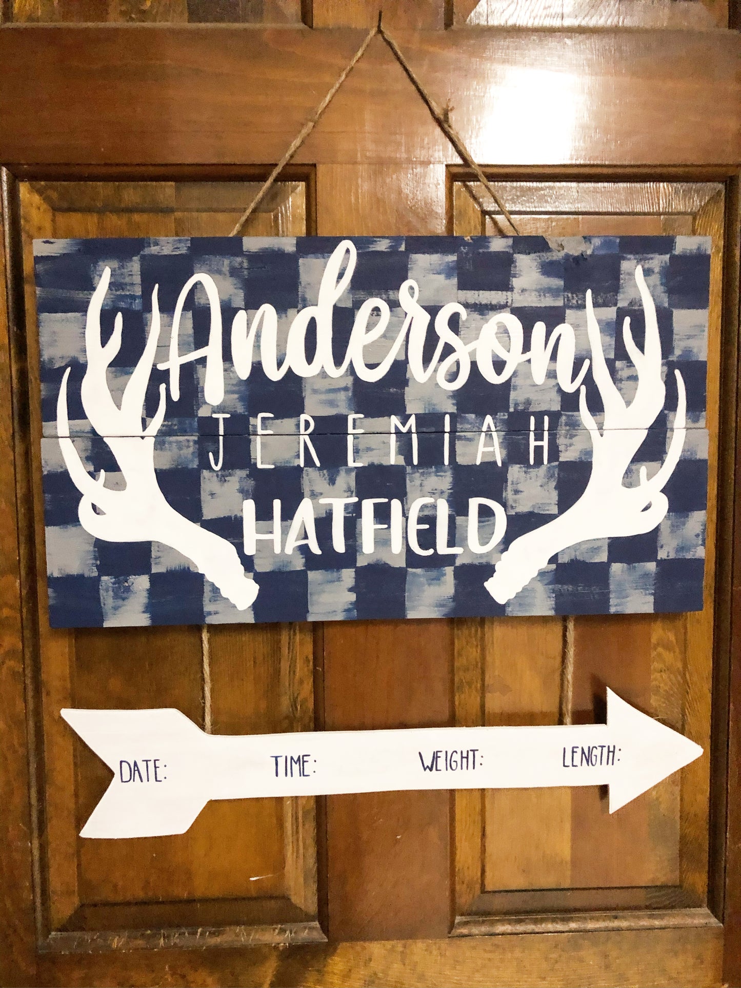 Plaid Antlers - Birth Announcement Hospital Door Hanger (PRE-ORDER)