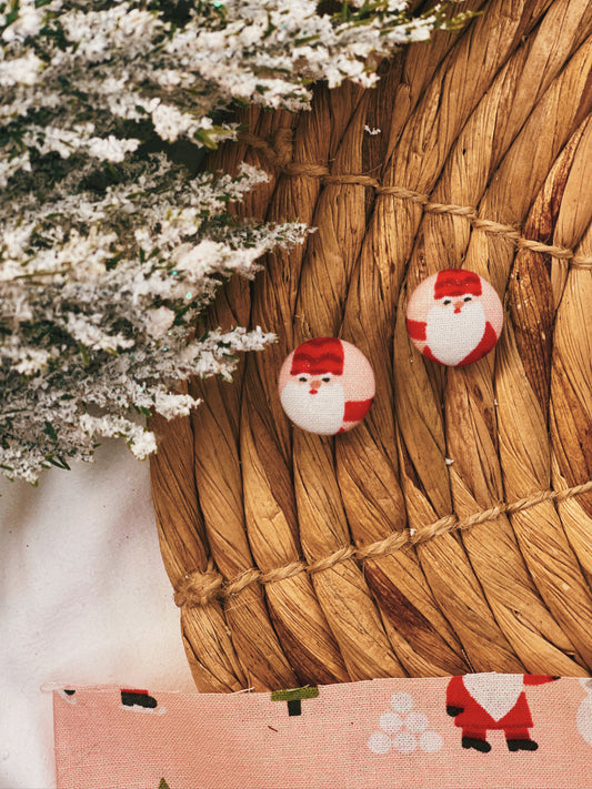 Pastel Pink Skating Santa - Button Earrings