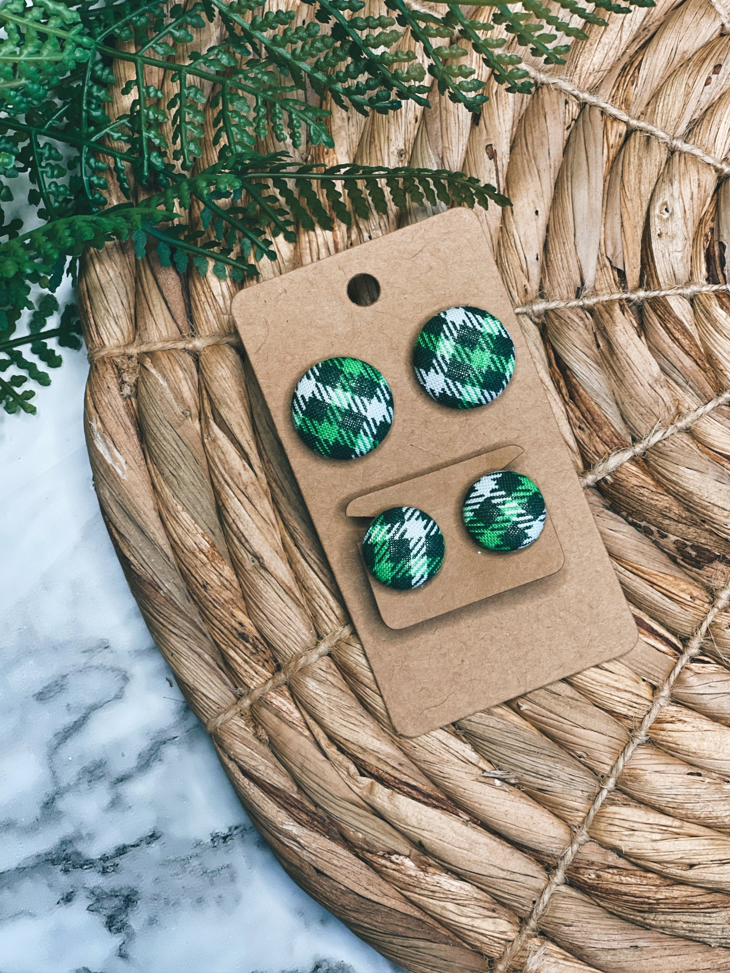 Green Plaid - Button Earrings