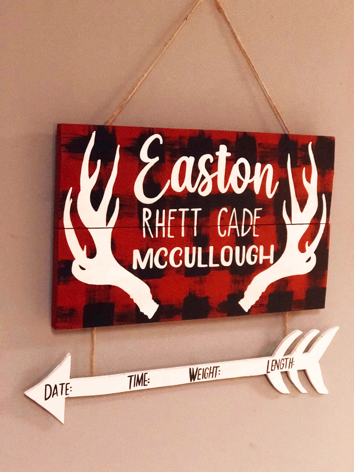 Plaid Antlers - Birth Announcement Hospital Door Hanger (PRE-ORDER)