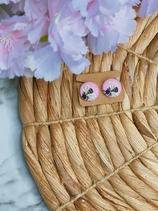 Pink Bee Clip Ons - Button Earrings