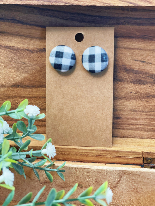 Black and White Plaid - Button Earrings