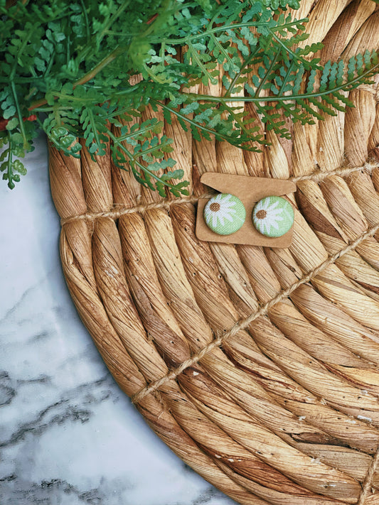 Green Daisy Clip Ons - Button Earrings