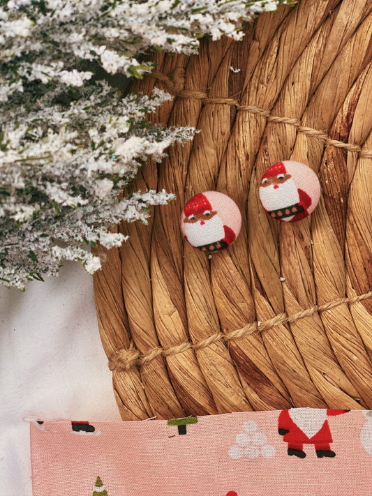 Pastel Pink Present Santa - Button Earrings