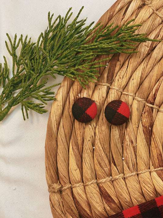 Black and Red Plaid - Button Earrings