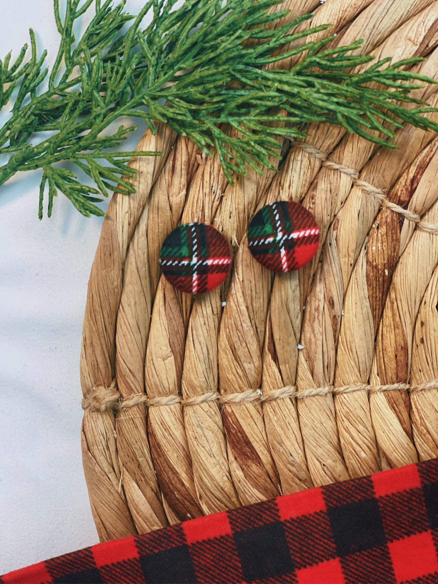 Red and Green Plaid - Button Earrings