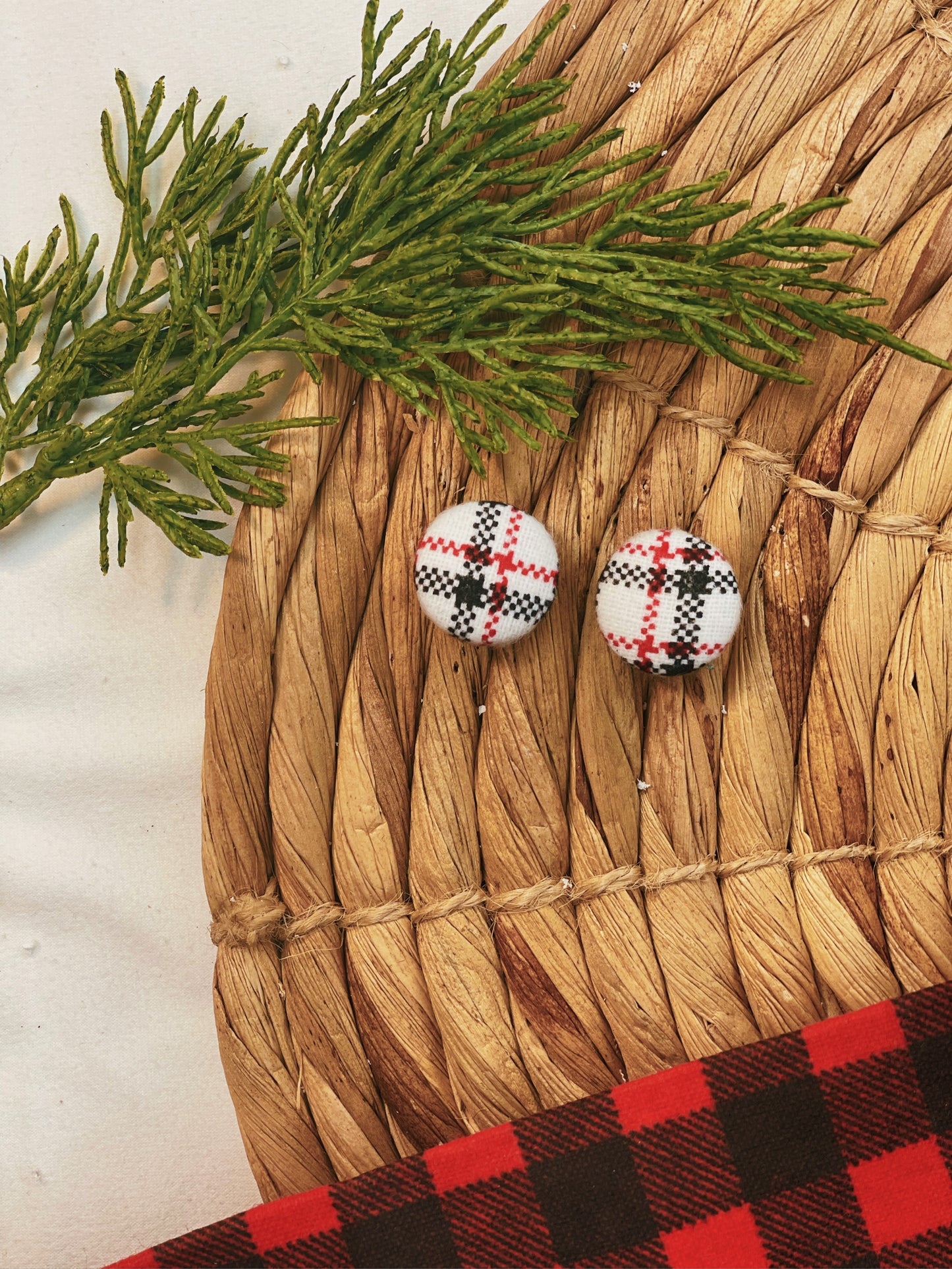 White Red & Black Plaid - Button Earrings