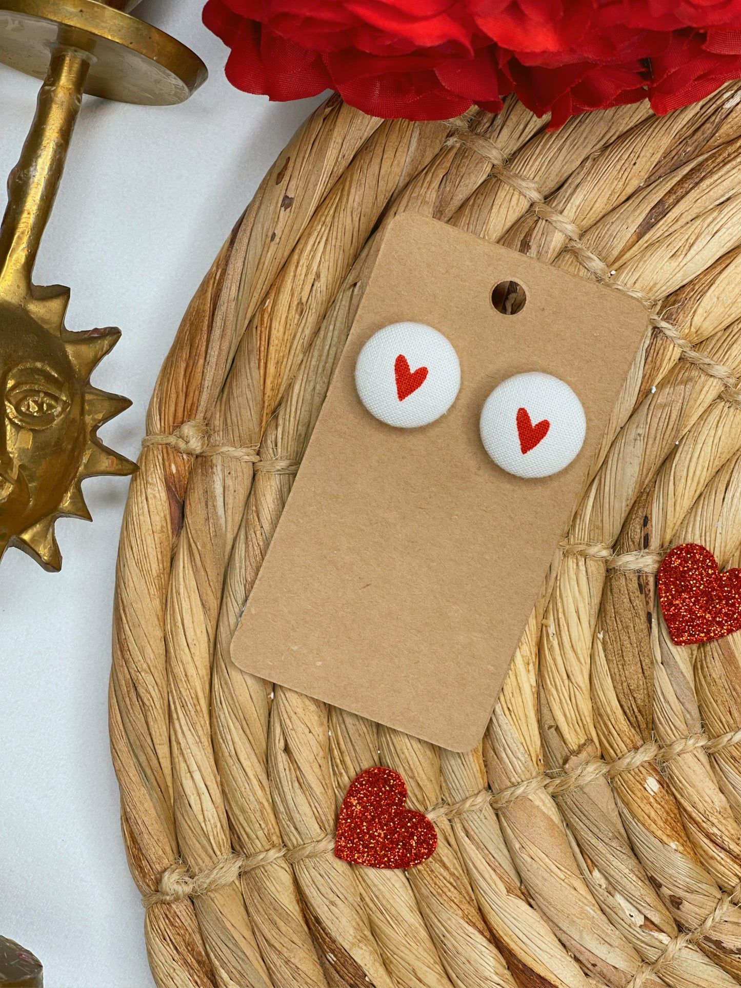 White and Red Heart - Button Earrings